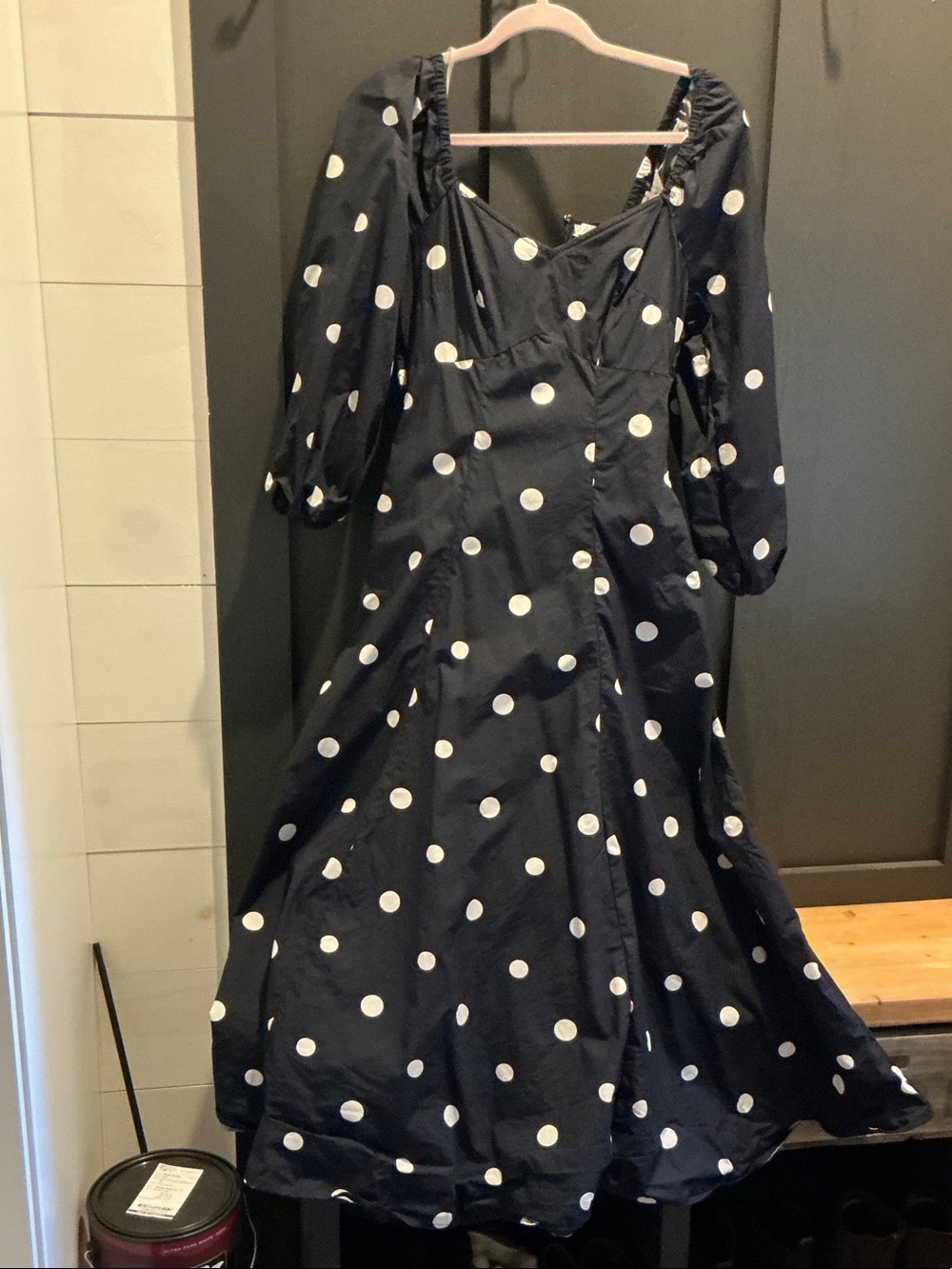 Navy Polka Dot Midi Dress with Puff Sleeves